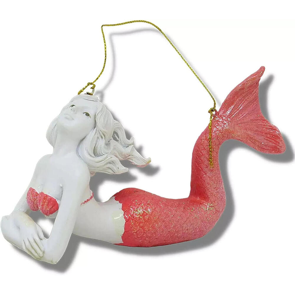 Glittery Pink Mermaid Hanging Ornament, Nautical Coastal Christmas Decoration 6"